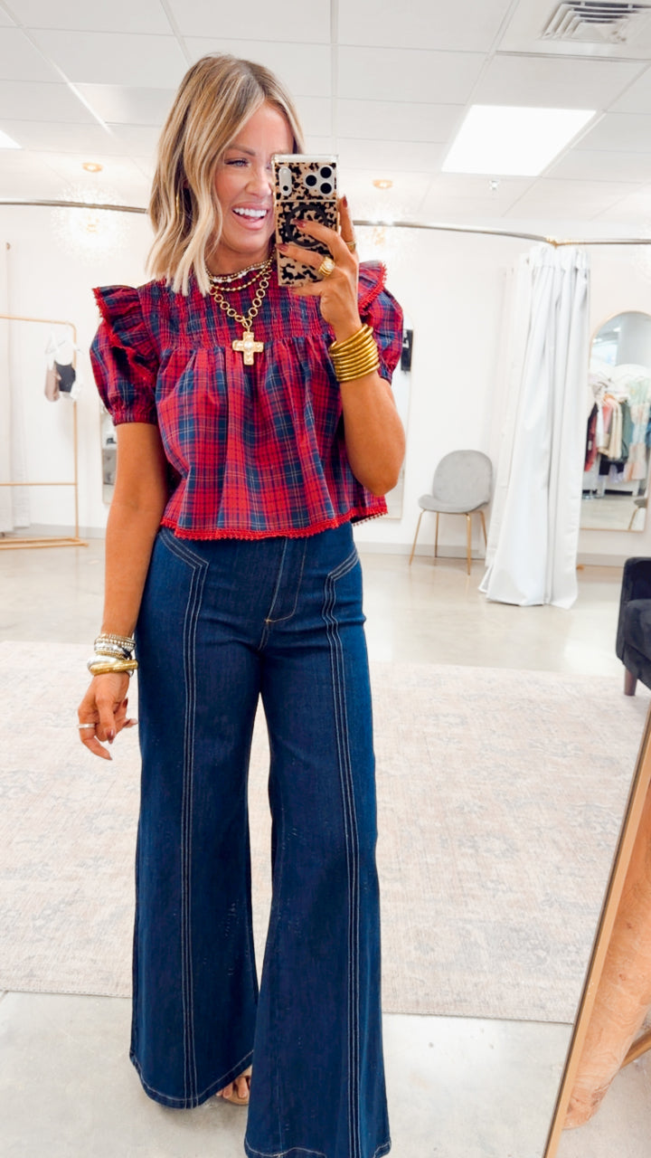 Plaid Tidings Top-Red/Navy