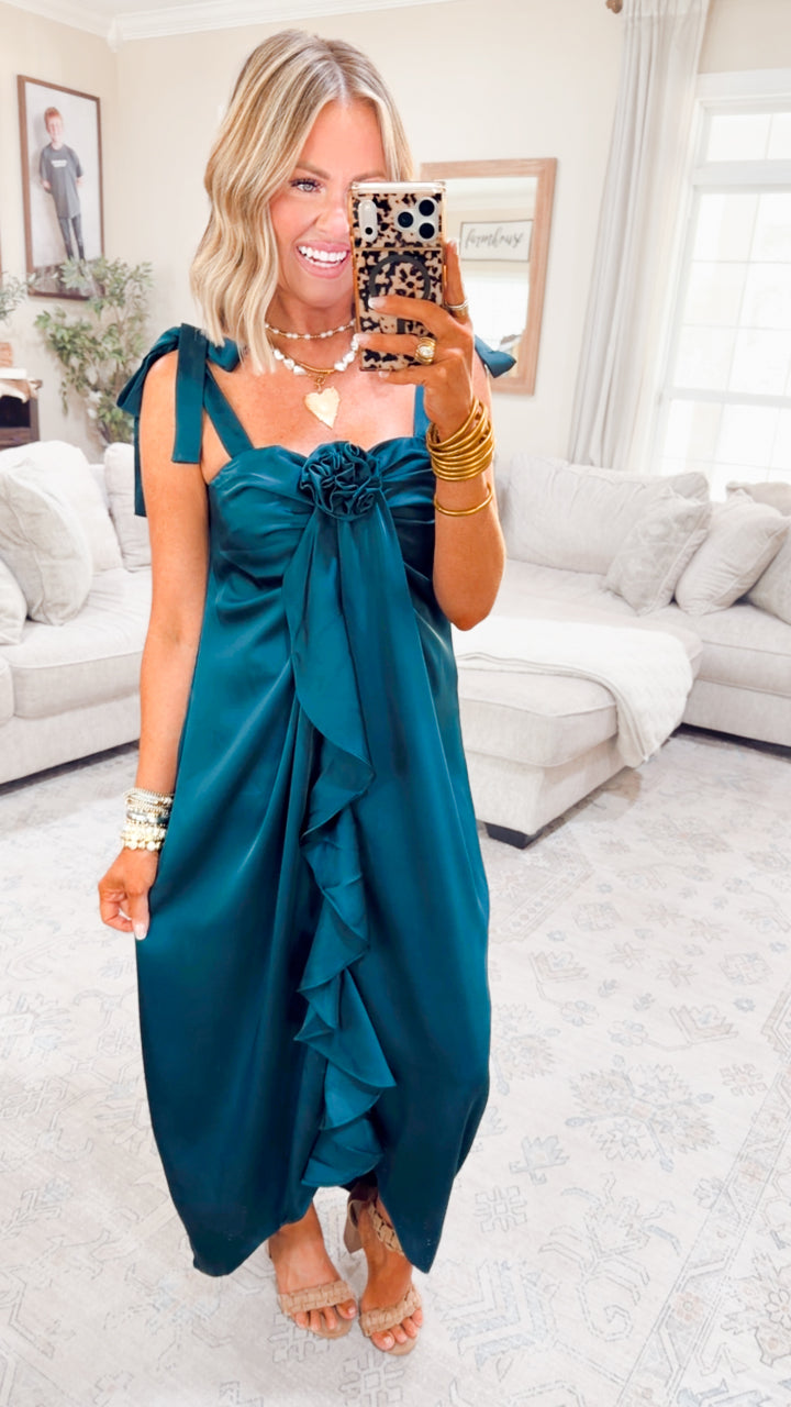 Amara Cascading Ruffle Dress-Teal Green