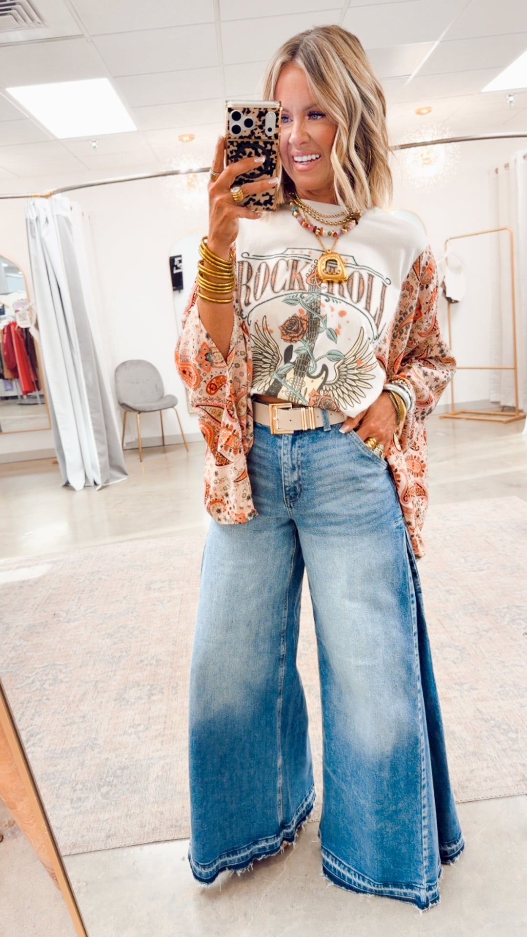 Rock N Roll Graphic Kantha Top-Bone