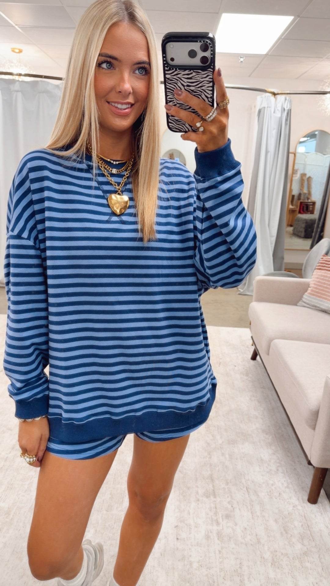 Lennon Stripe Shorts Set-Navy/Blue