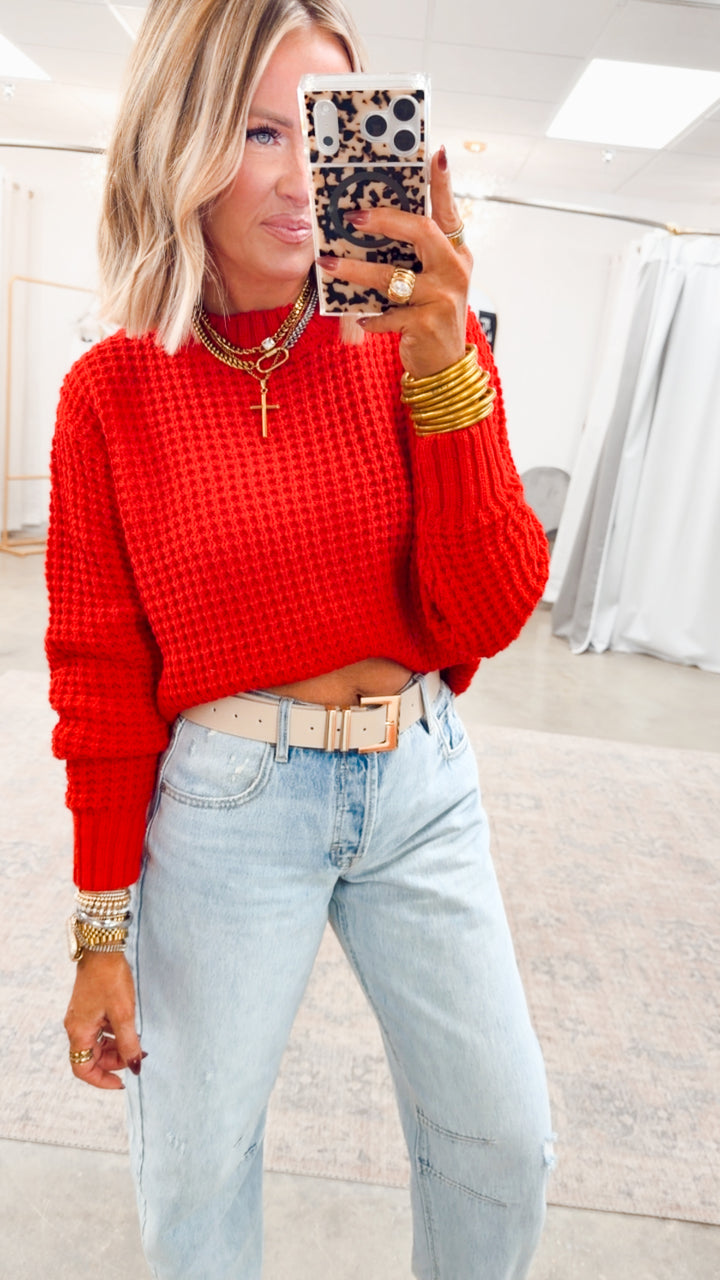 The Maren Hi-Low Waffle Knit-Ruby