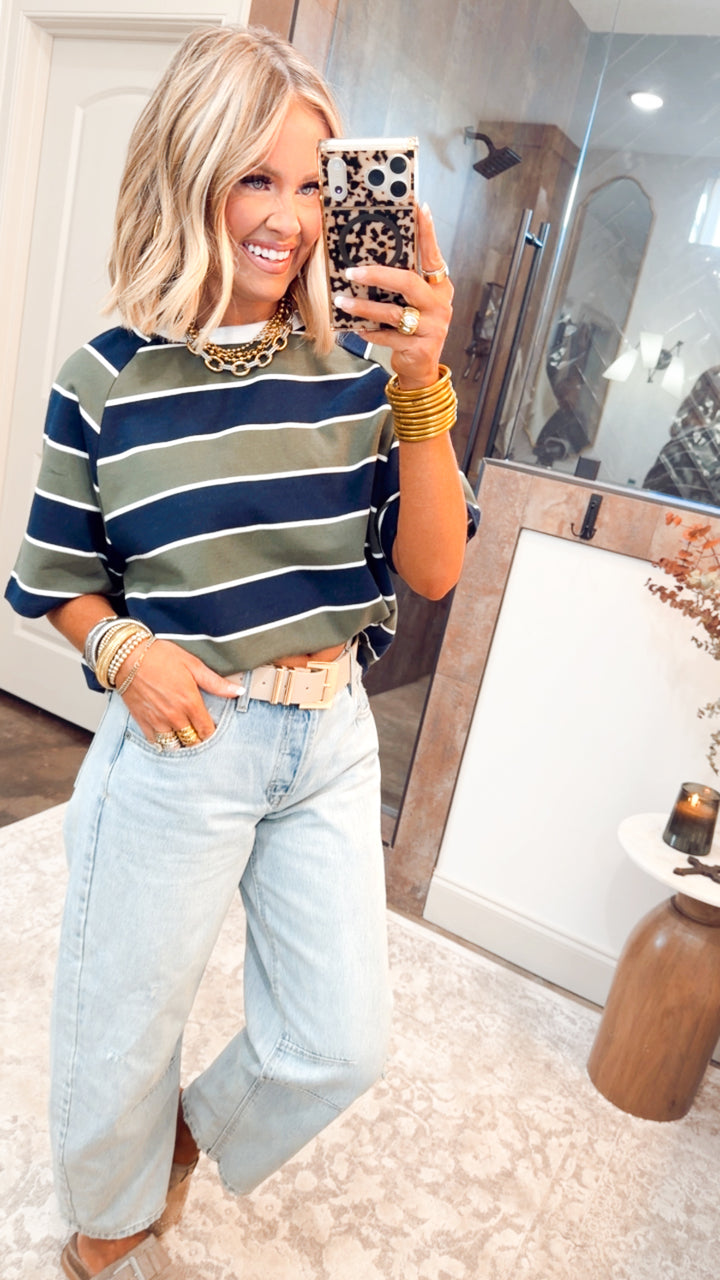 Stripe Edit Top-Olive/Navy