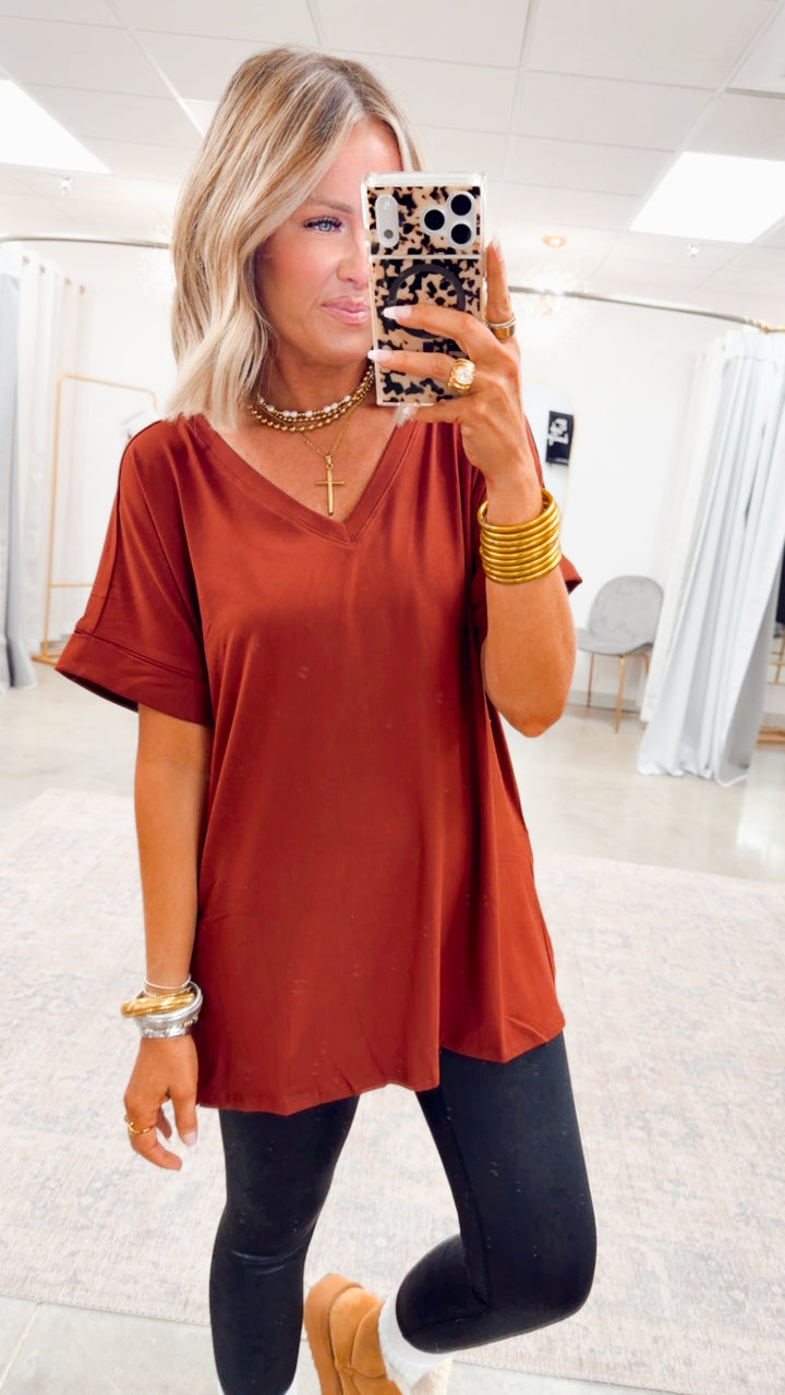 Rolled Short Sleeve V-Neck Top-Dark Rust