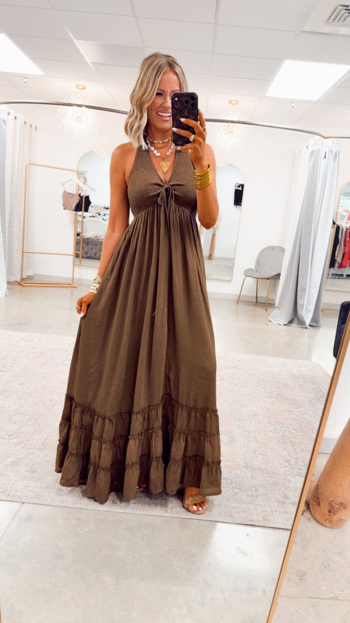 The Lila Halter Maxi Dress-Chocolate