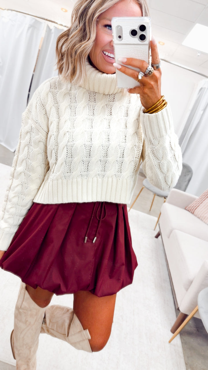 Pleated Bubble Hem Skirt-Maroon