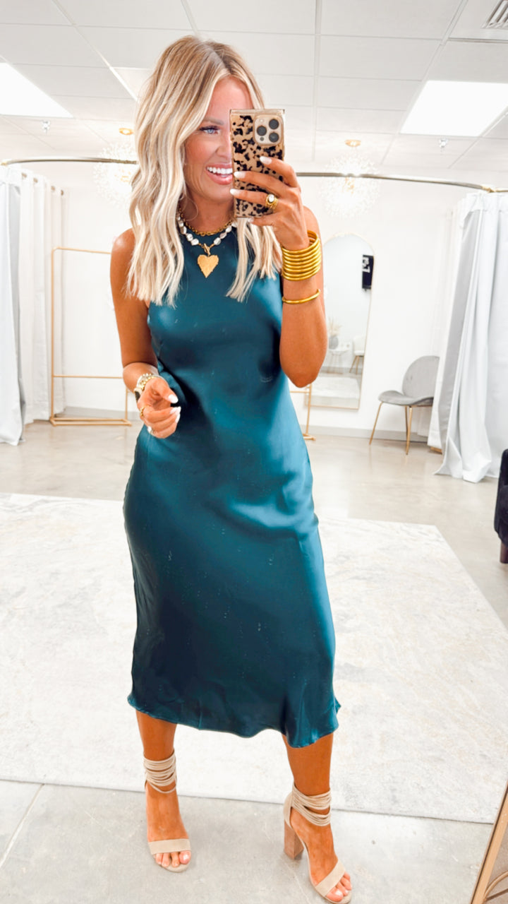 Satin Charm Midi Dress-Dark Green