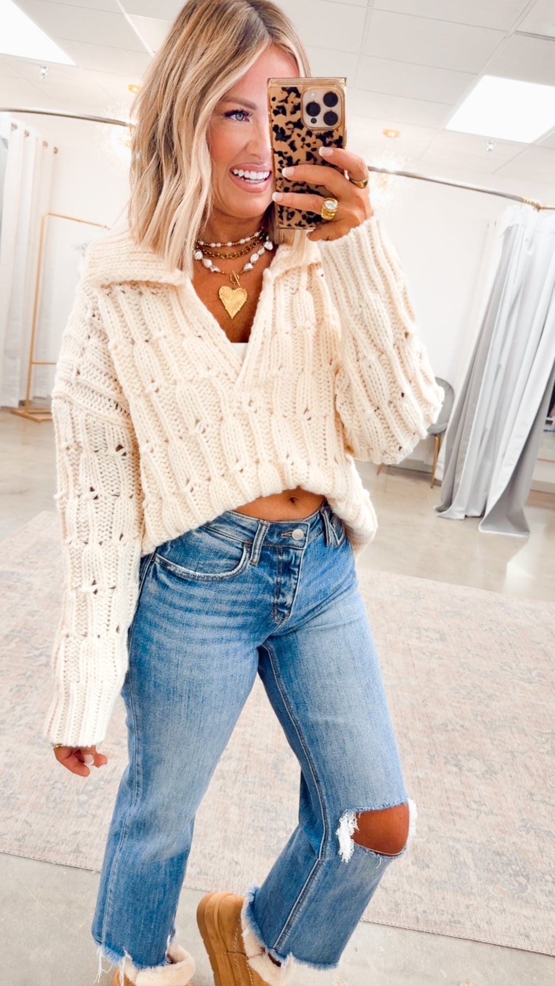 Cozy Collared Sweater Top-Cream