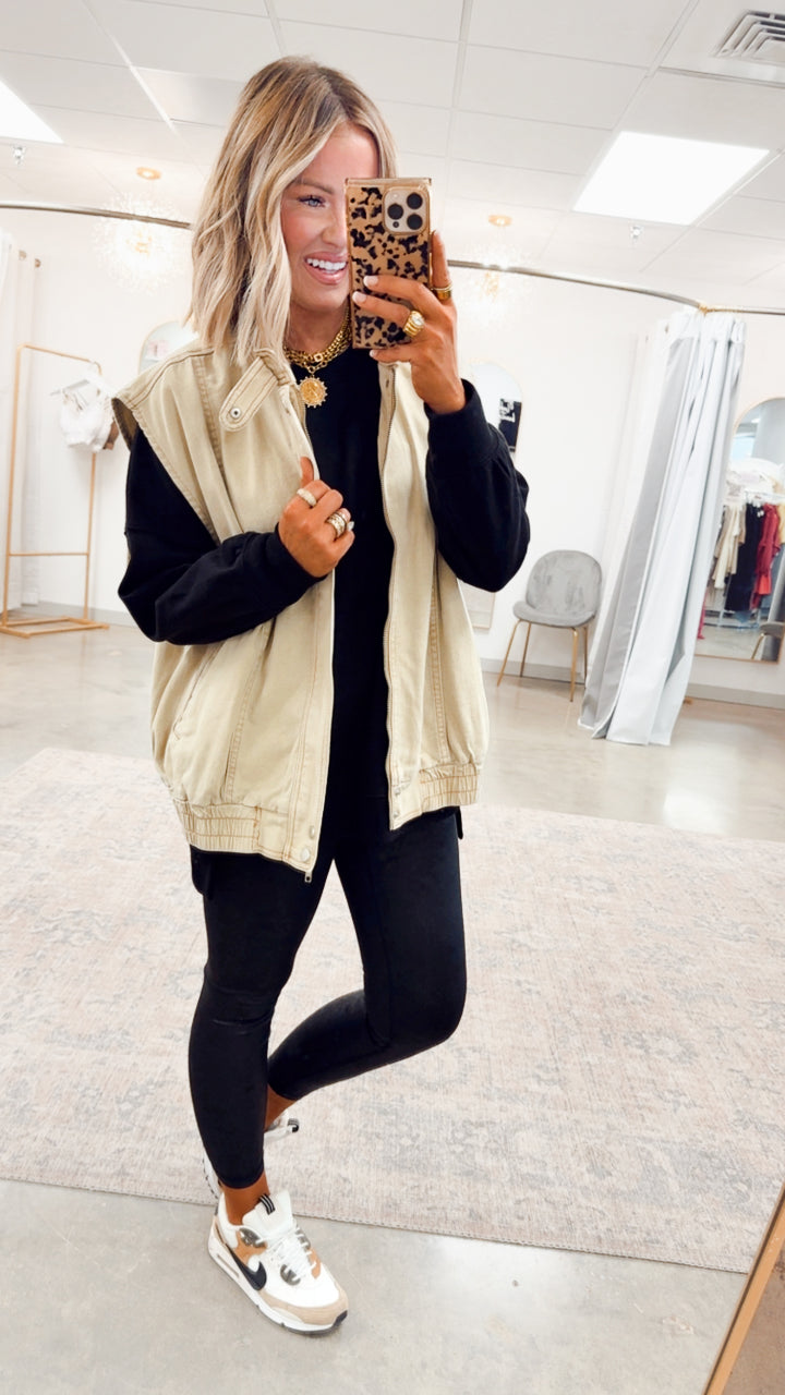 Denim High Neck Vest-Sandstone