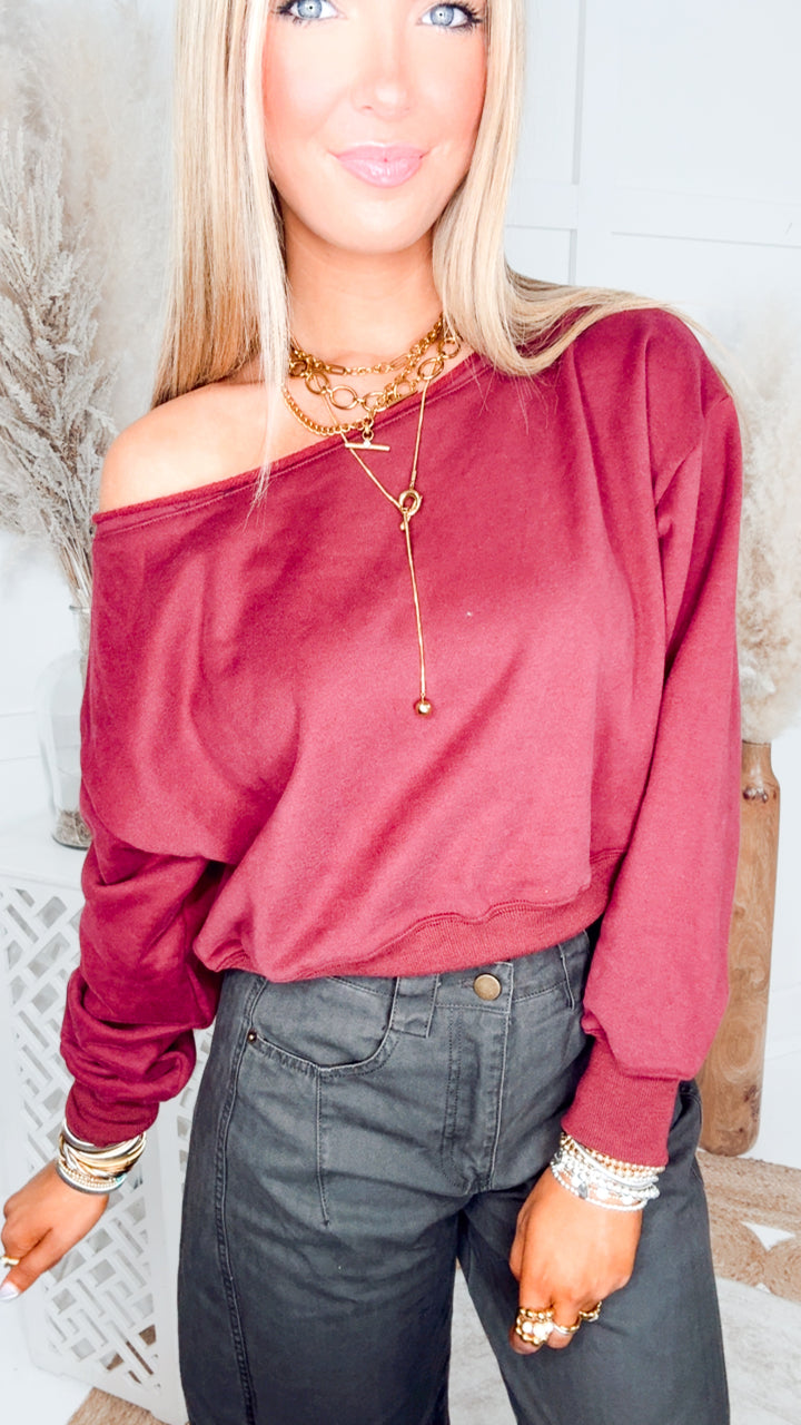Alina Off Shoulder Sweatshirt-Burgundy