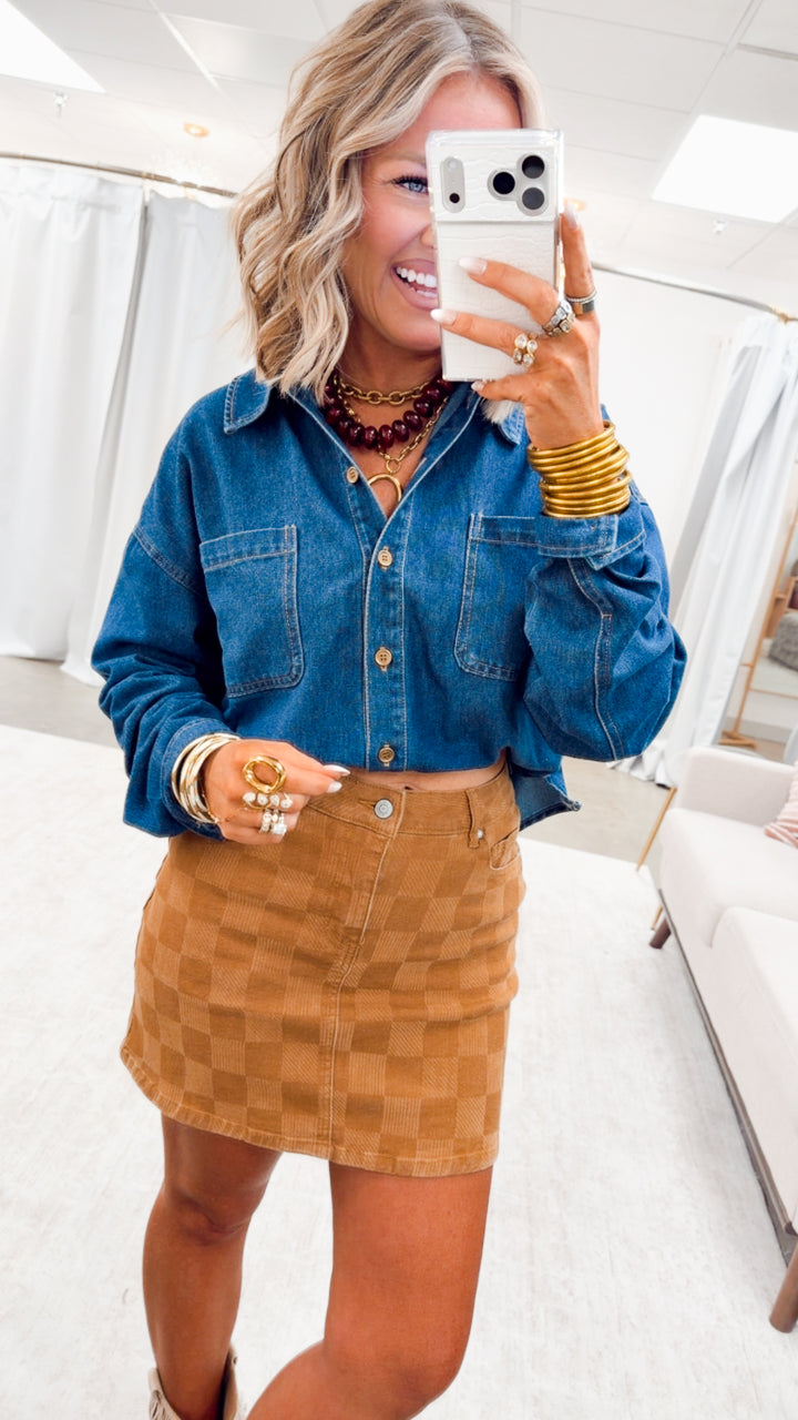 Spice It Up Checkered Denim Skirt-Tan