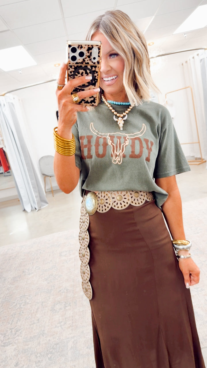 Howdy Longhorn Tee-Olive