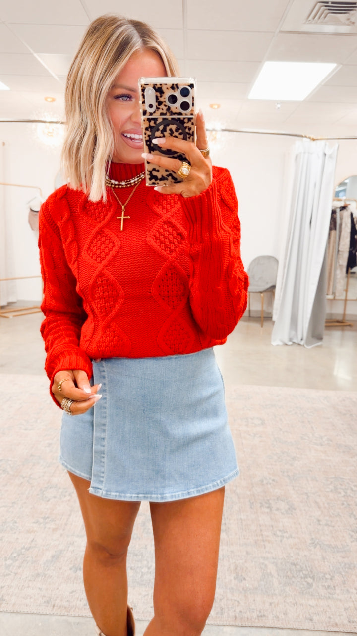 The Emery Wrap Front Denim Skort