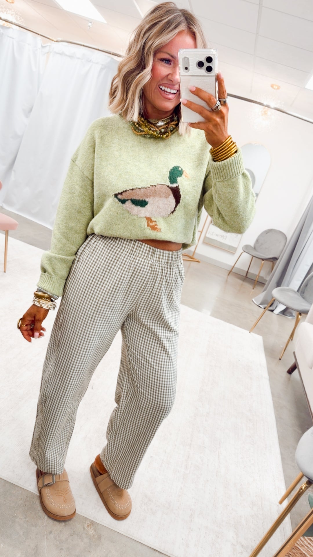 The Gingham Grove Pants-Olive/White