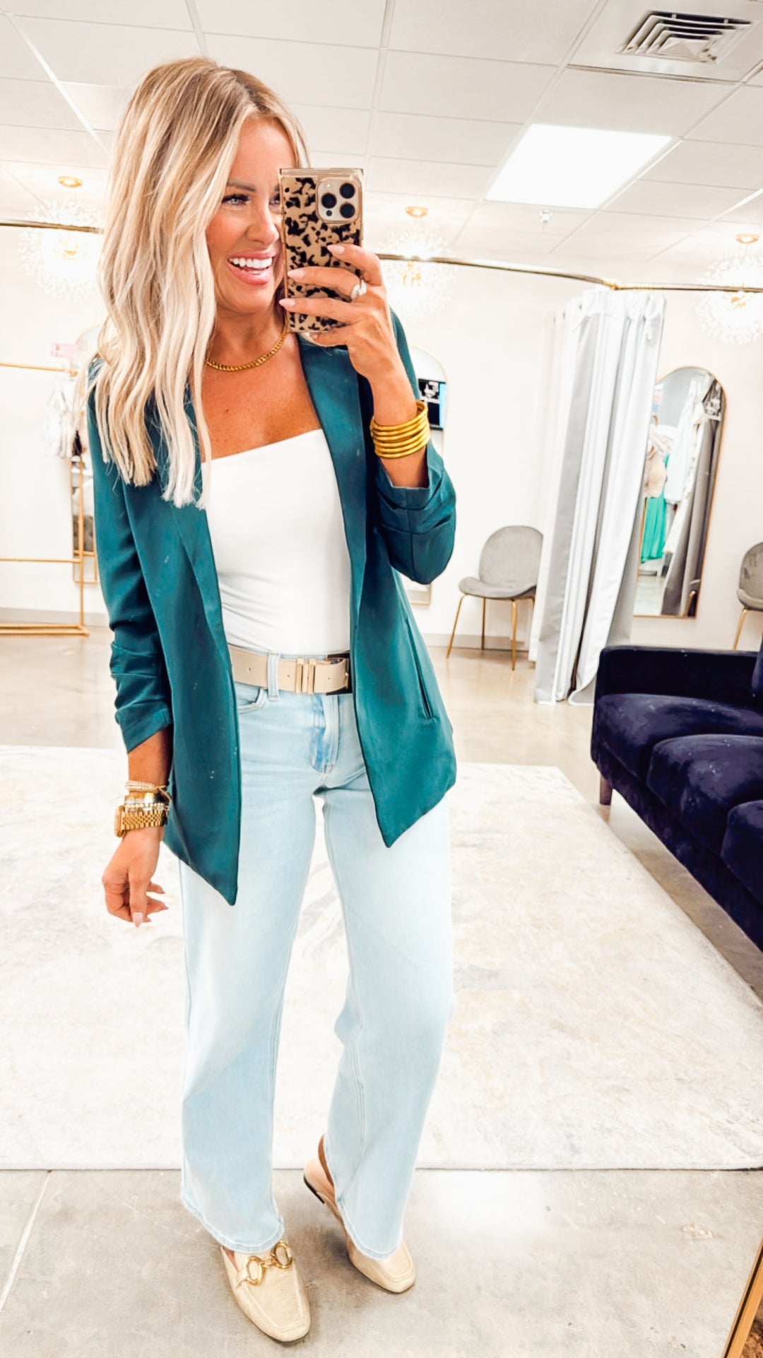 The Modern Ruched Sleeve Blazer-Hunter Green