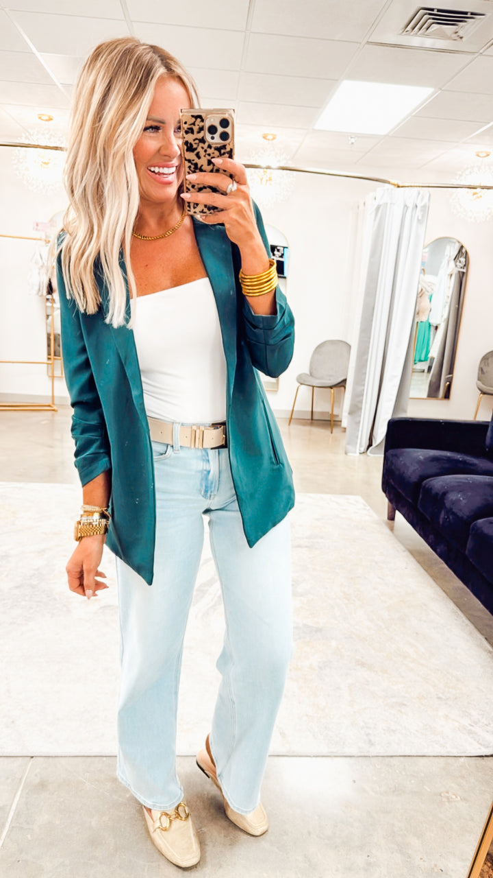 The Modern Ruched Sleeve Blazer-Hunter Green