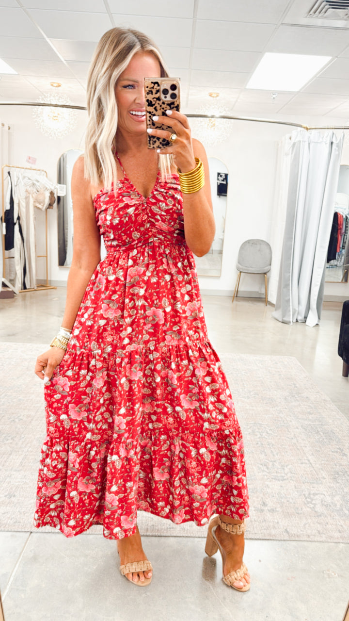 Cascade Halter Tiered Midi Dress