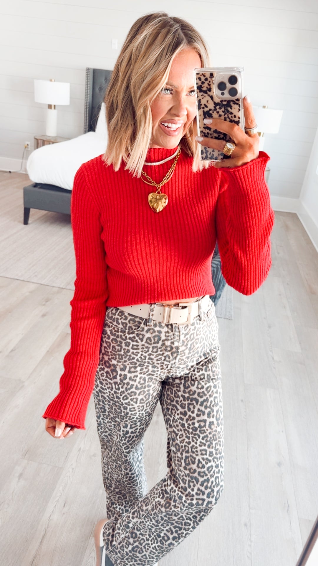 Sleek Mock Neck Ribbed Top-Red