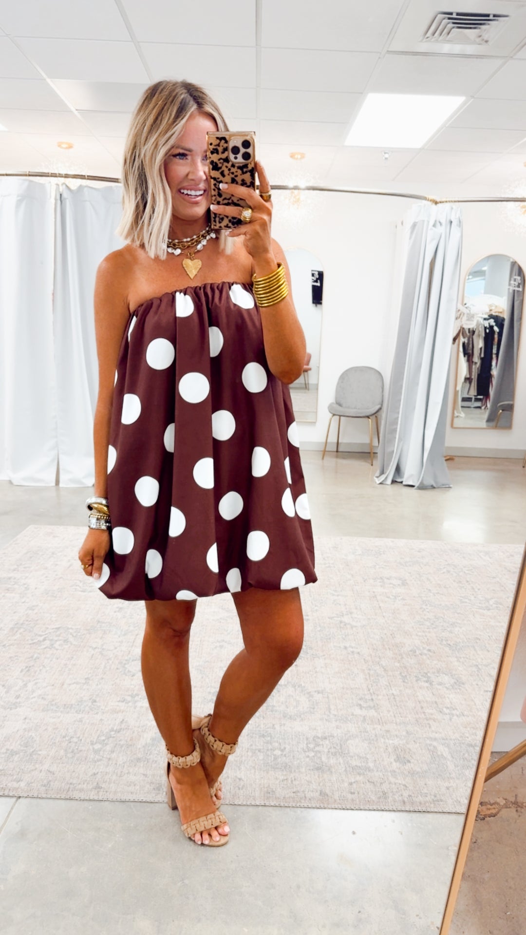 Darling Polka Dot Bubble Hem Dress-Brown/Ivory