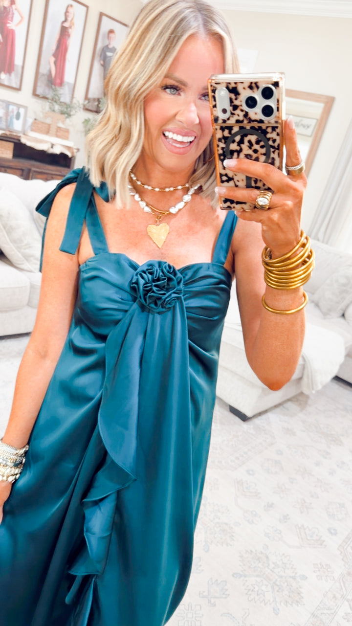 Amara Cascading Ruffle Dress-Teal Green
