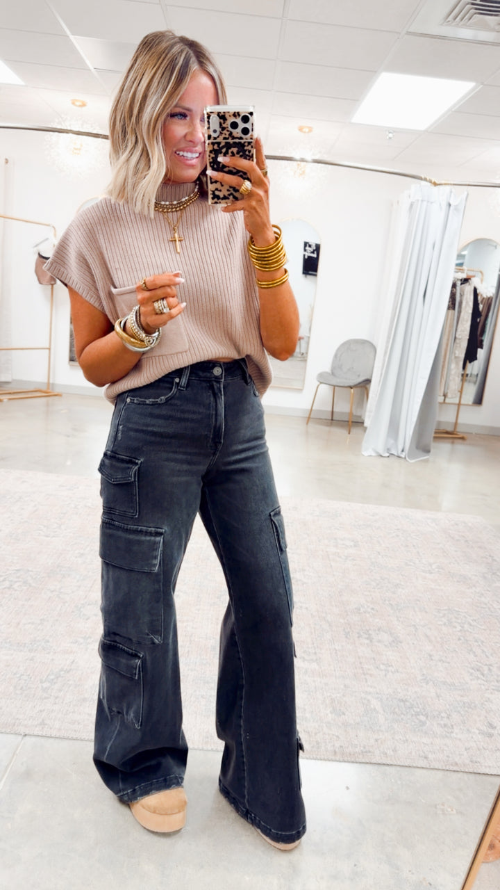 Dani Ribbed Short Sleeve Sweater-Taupe