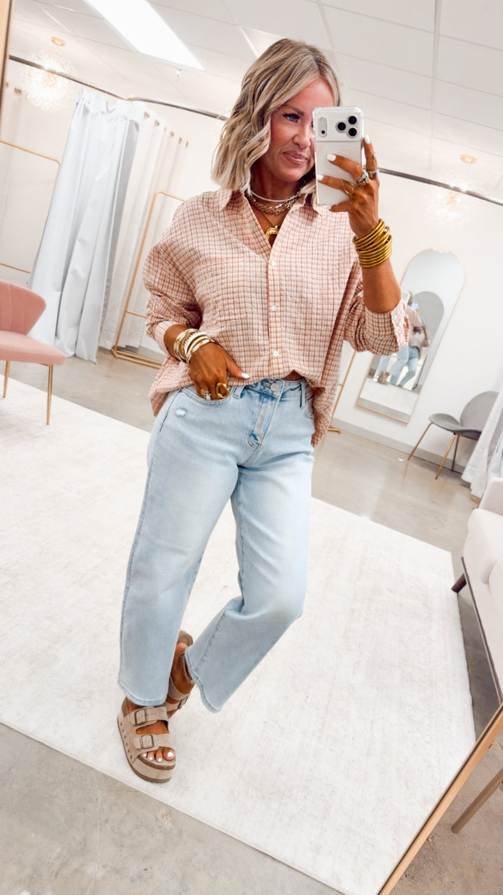 Pinstripe Plaid Oversized Shirt-Red