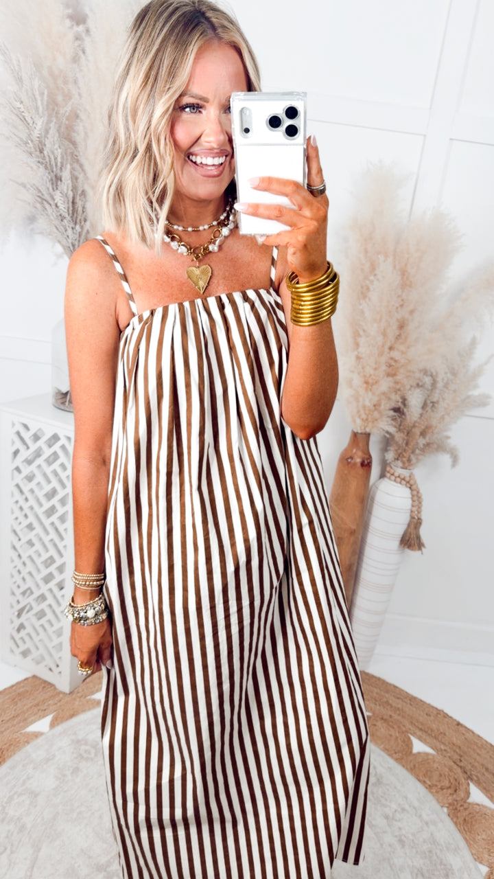 The Brine Stripe Midi Dress-Mocha/Cream