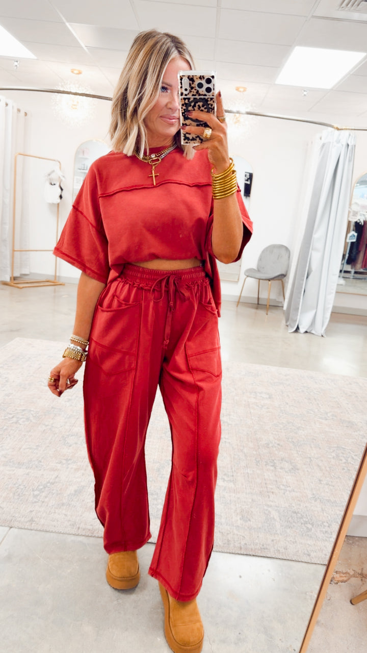 The Retreat Barrel Pants Set-Wine