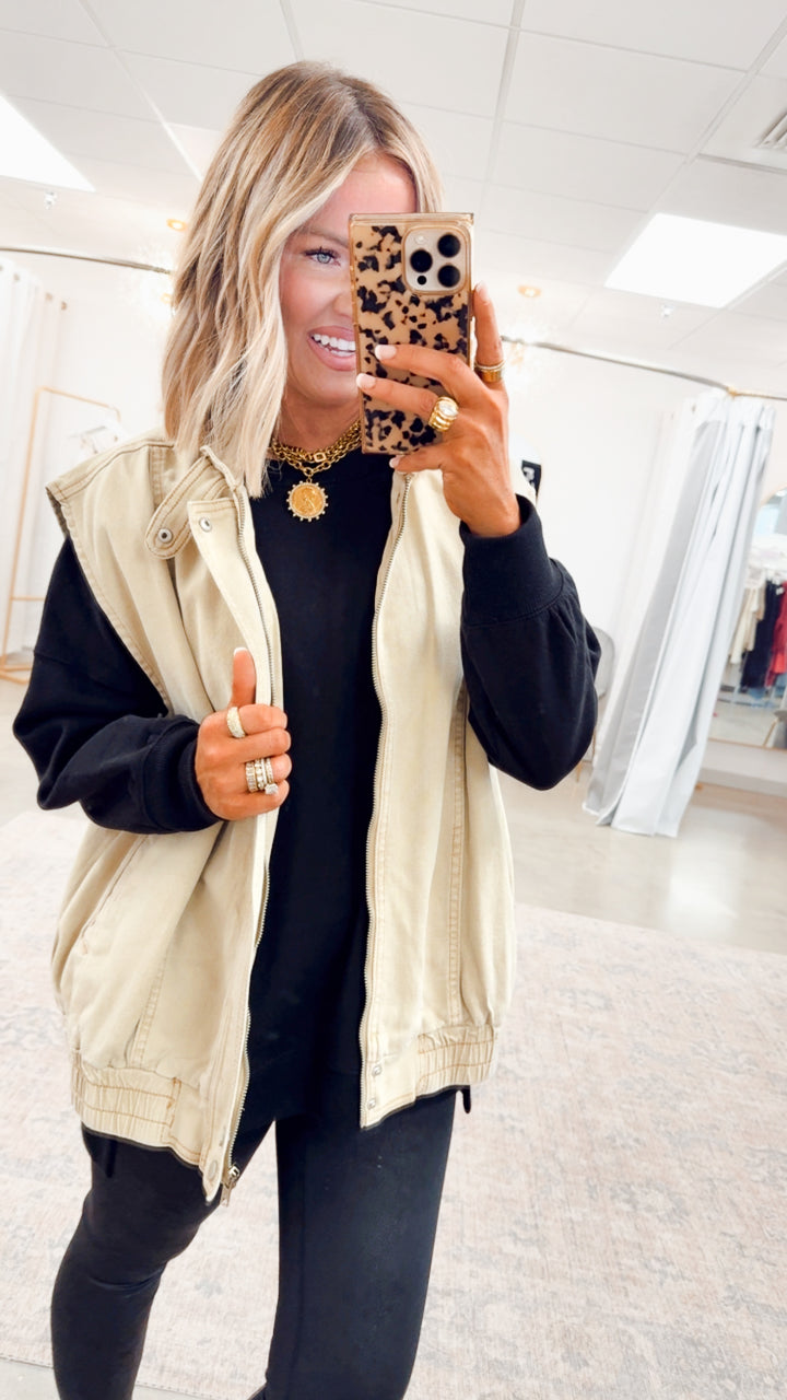 Denim High Neck Vest-Sandstone