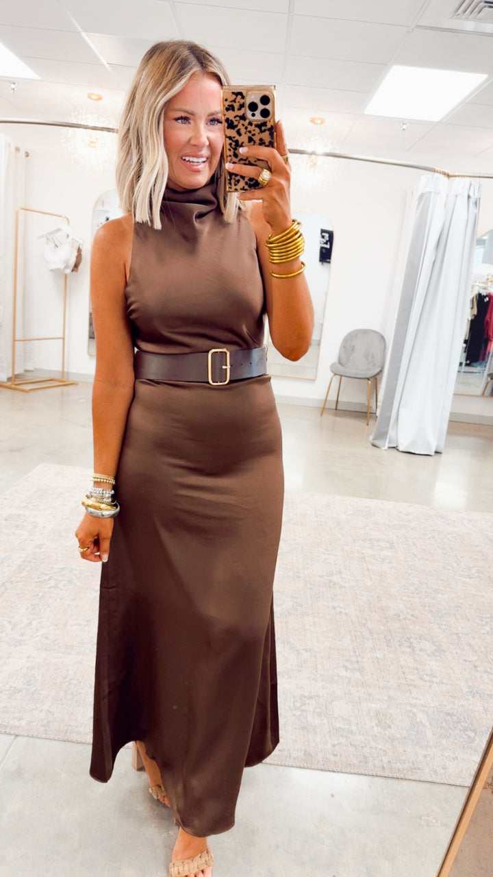 Halo High Neck Midi Dress-Brown