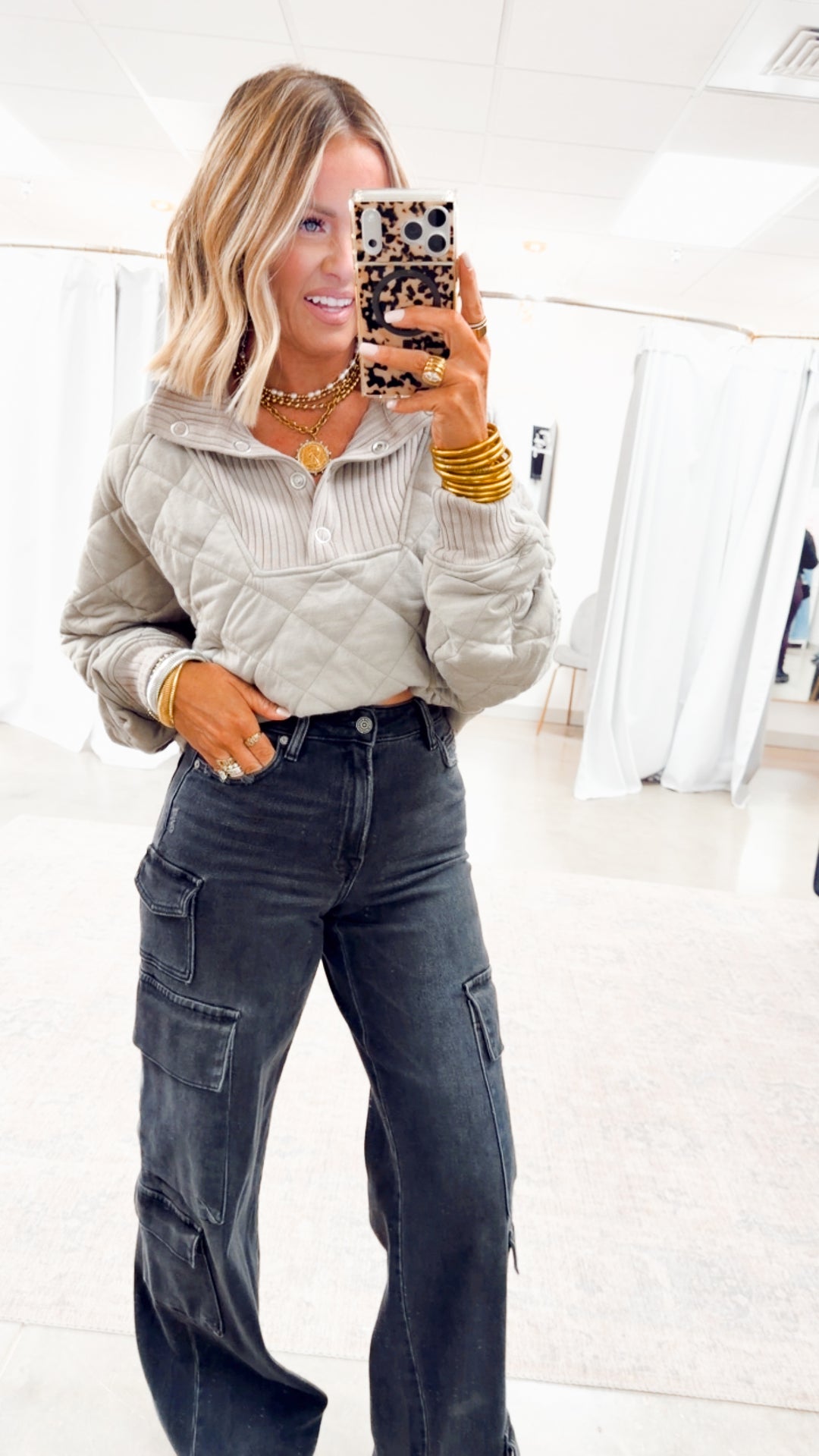 Quilted Snap Pullover-Stone Taupe