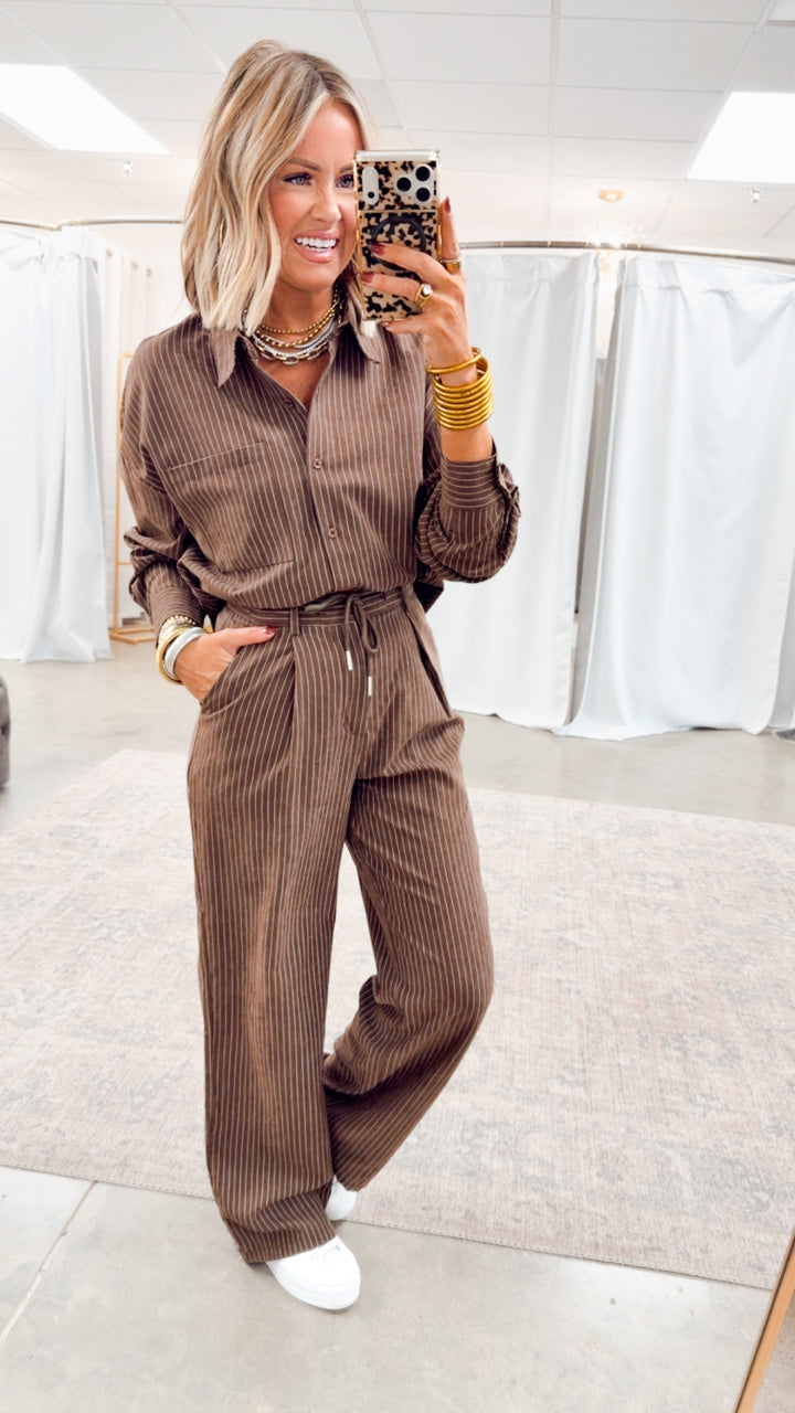 Lexi Pinstripe Top & Pants Set-Brown