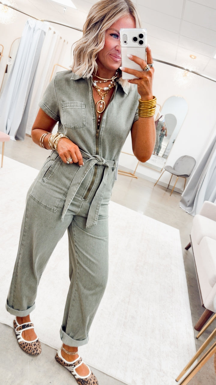 The Maverick Denim Jumpsuit-Olive