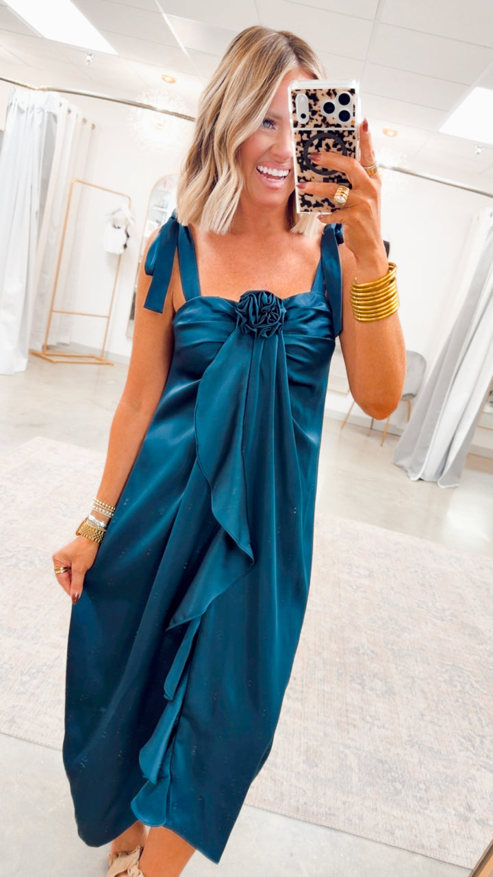 Amara Cascading Ruffle Dress-Teal Green