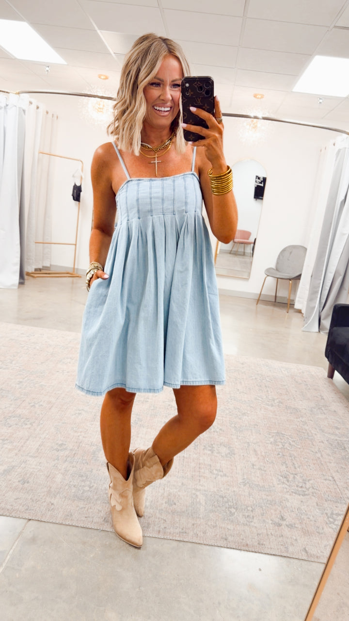 Teagan Pleated Mini Dress-Light Denim