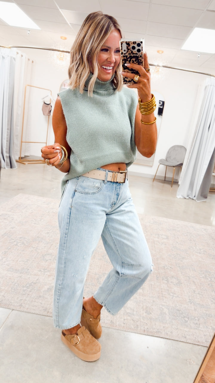 Sleeveless Turtleneck Sweater Vest-Sage