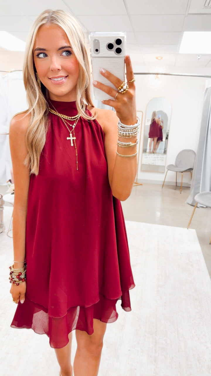 The Lollie Ruffle Hem Mini Dress-Maroon