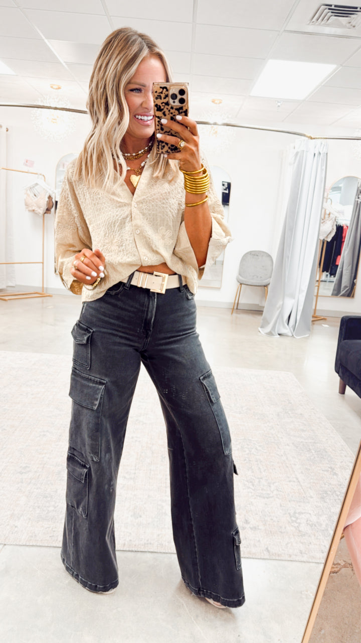 Embroidered Tabbed Sleeve Top