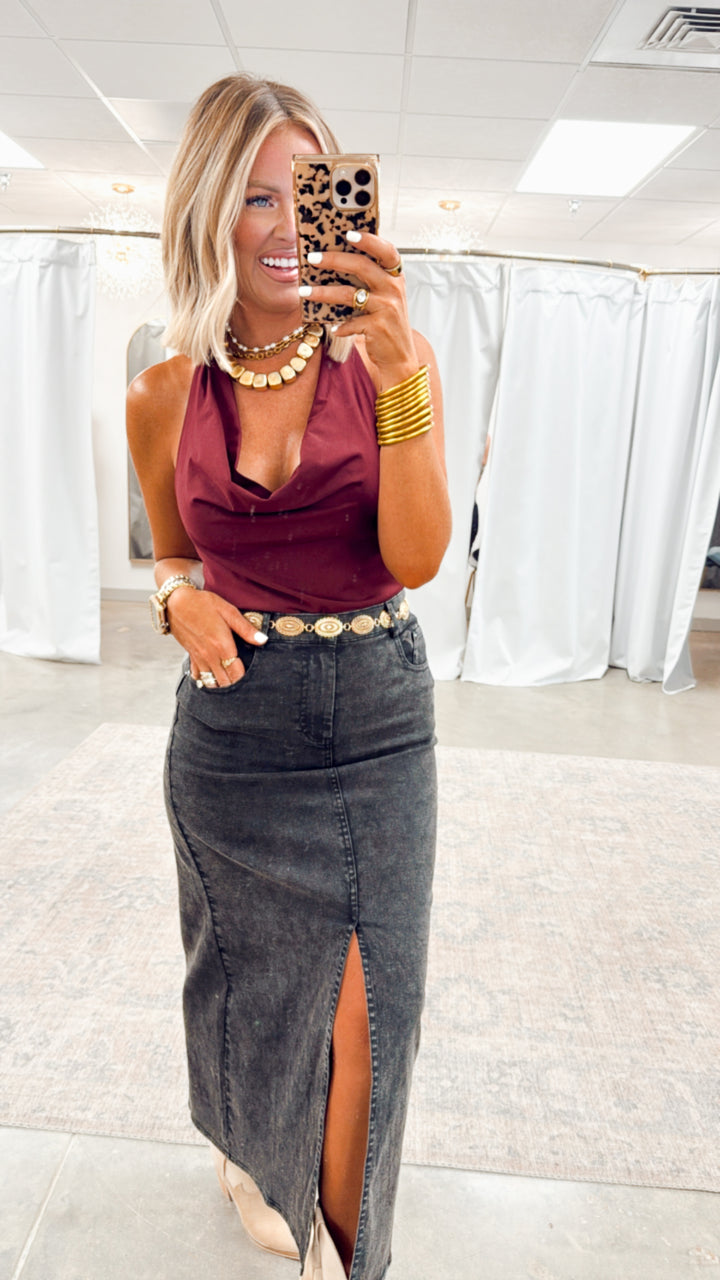 Cowl Neck Ruched Halter Top-Maroon
