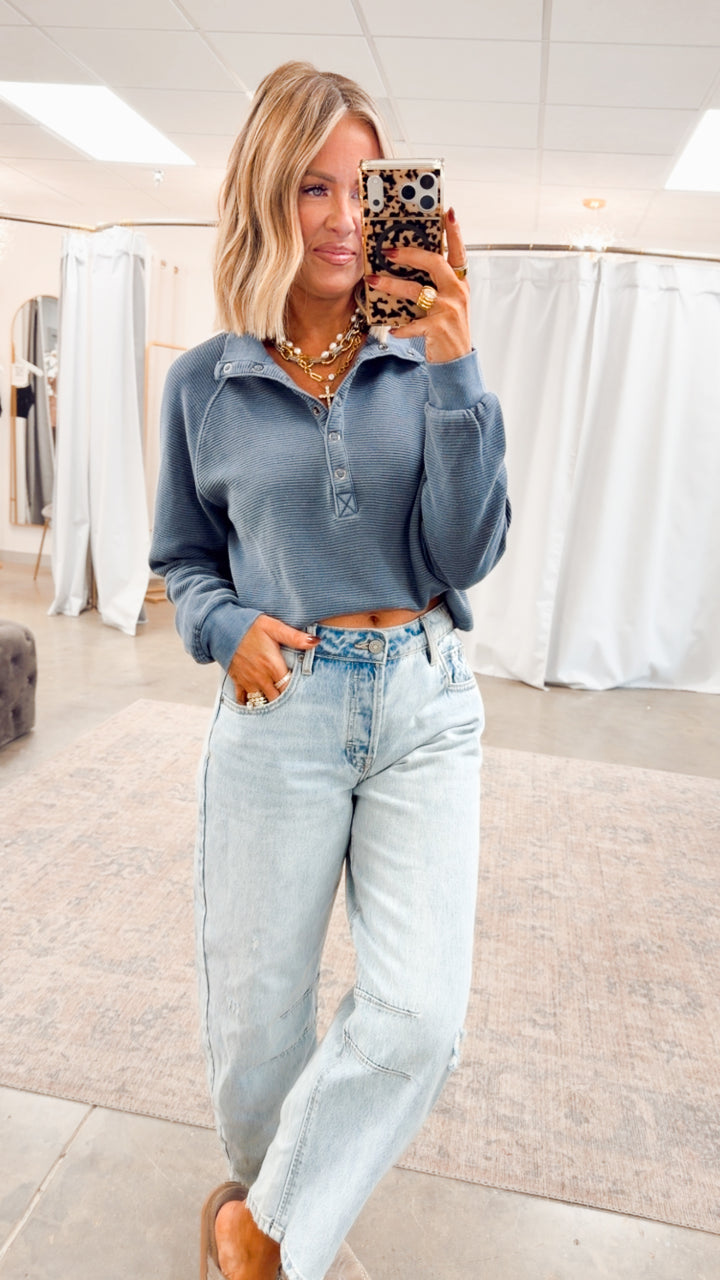 Avery Half Snap Top-Denim