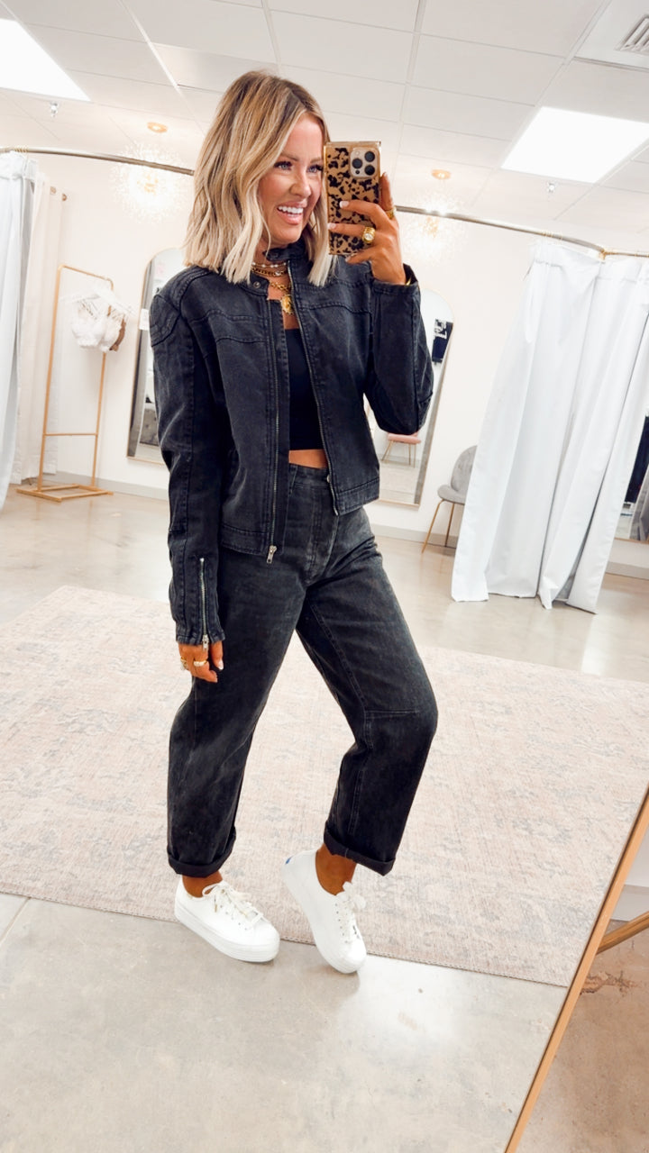 Distressed Biker Jacket-Black
