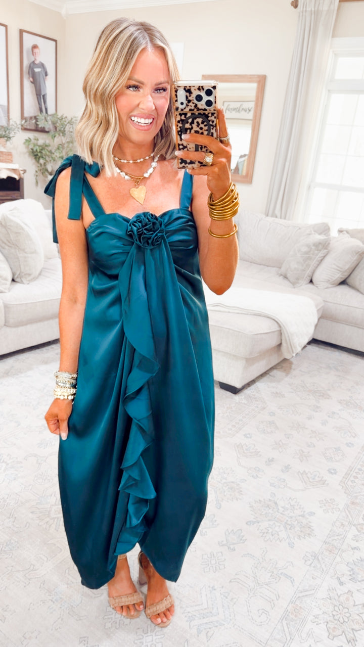 Amara Cascading Ruffle Dress-Teal Green