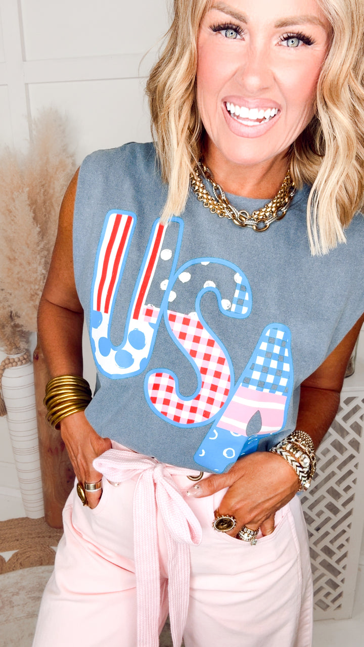 USA Patch Print Denim Muscle Tee
