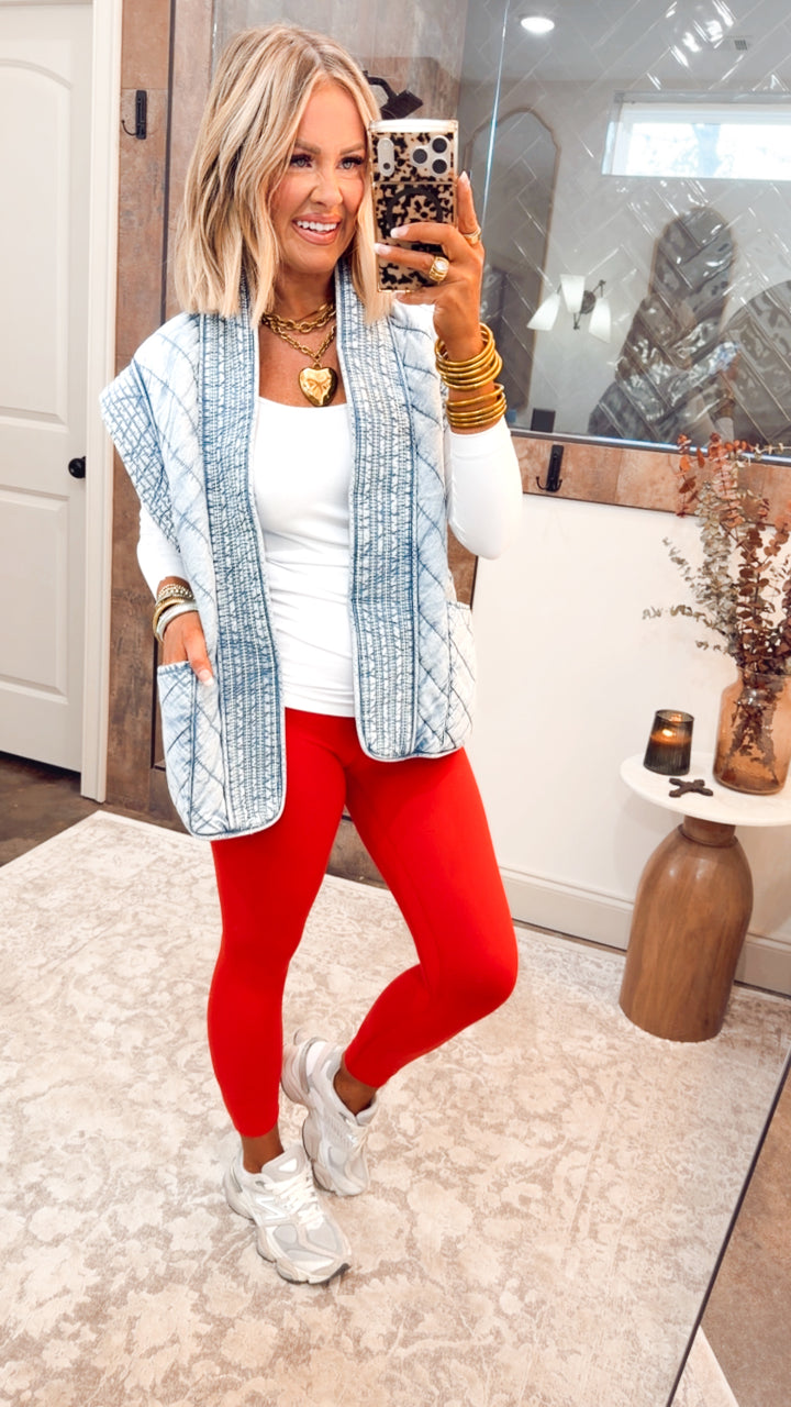 Washed Denim Quilted Shawl Vest