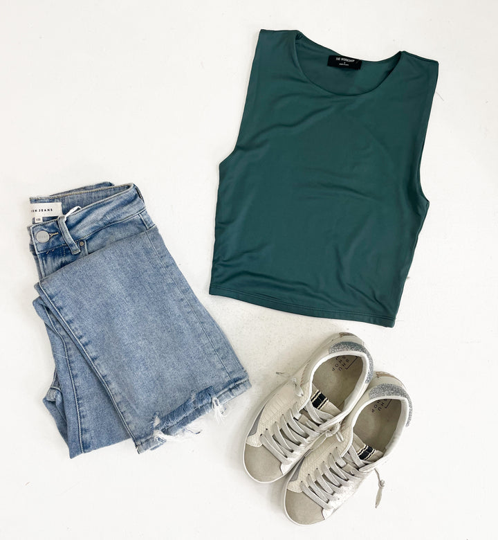 Solid Cropped Tank Top-Forest Green