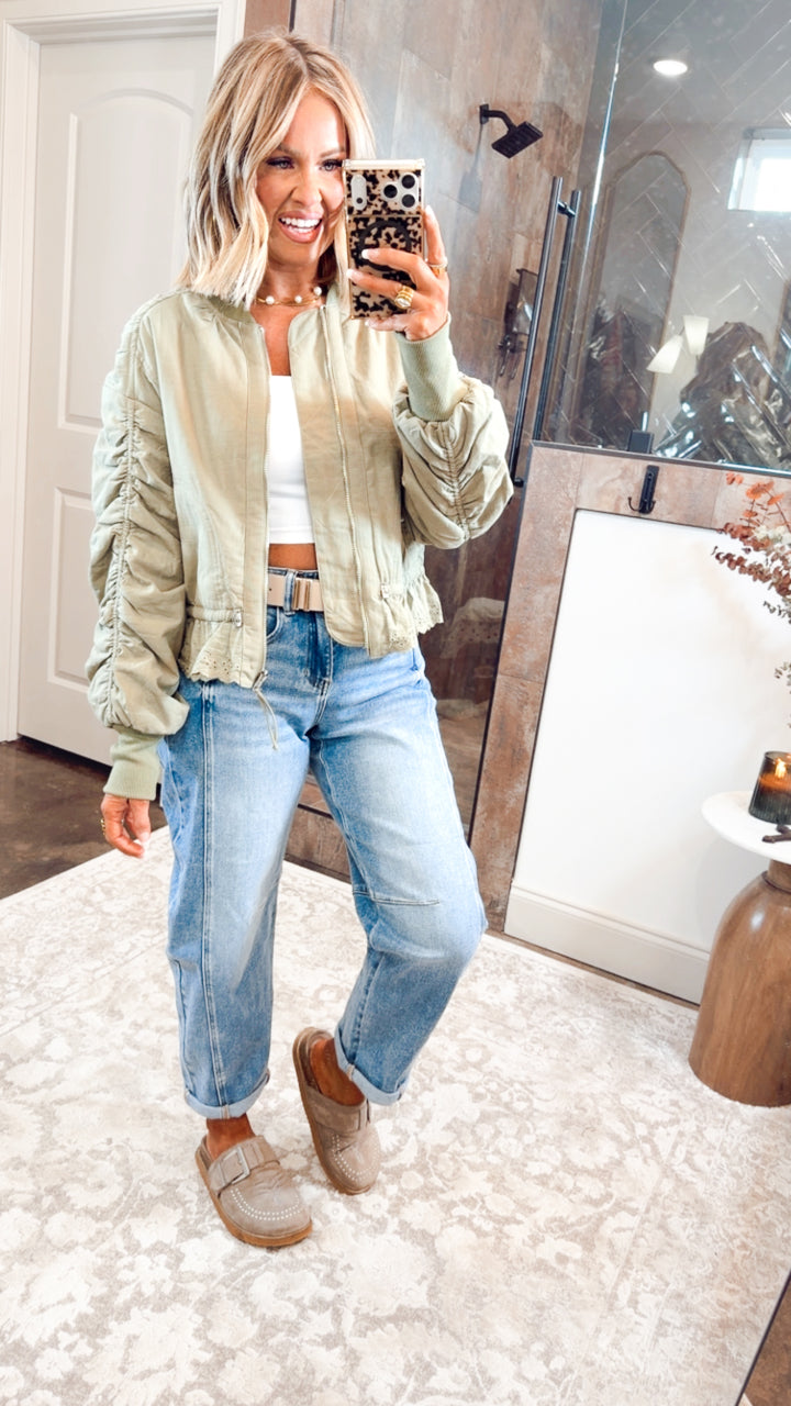 Ruched Sleeve Bomber Jacket-Light Olive