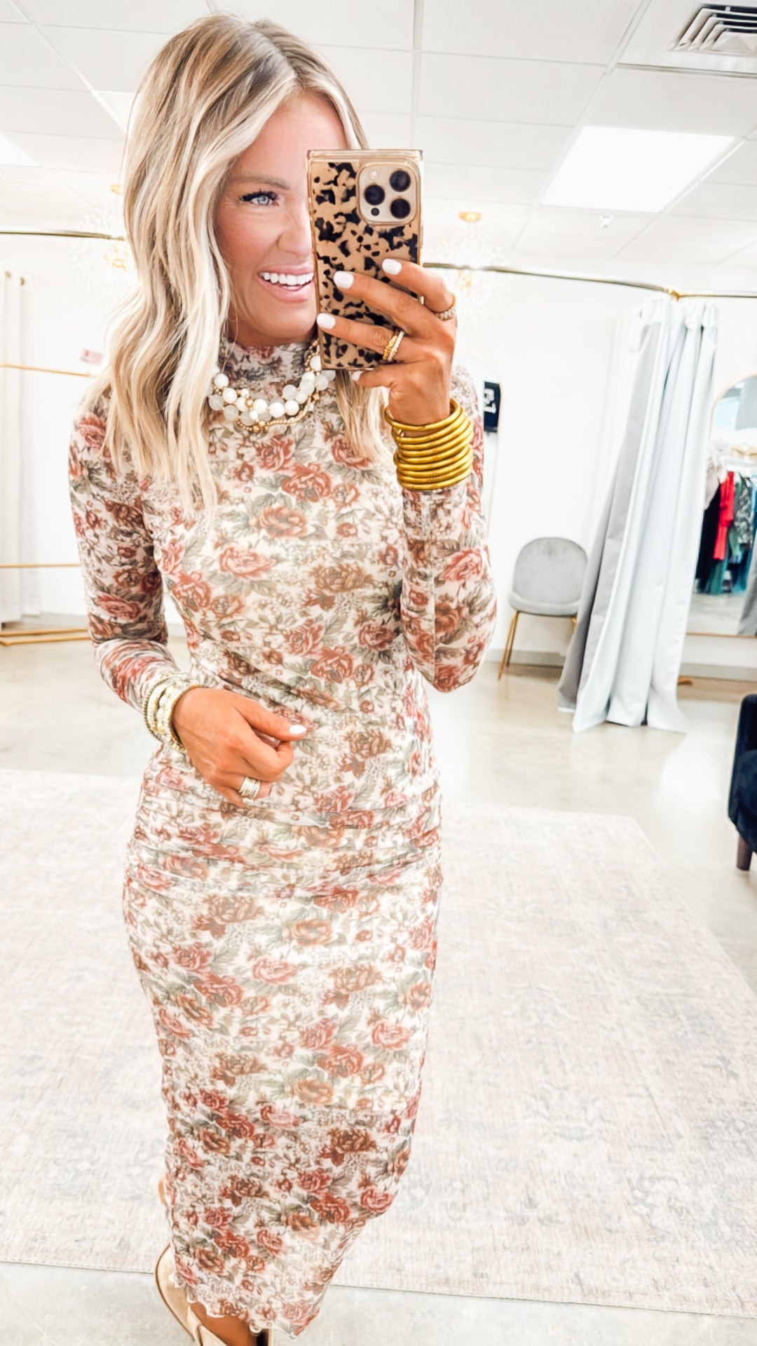 Autumn Floral Mesh Midi Dress