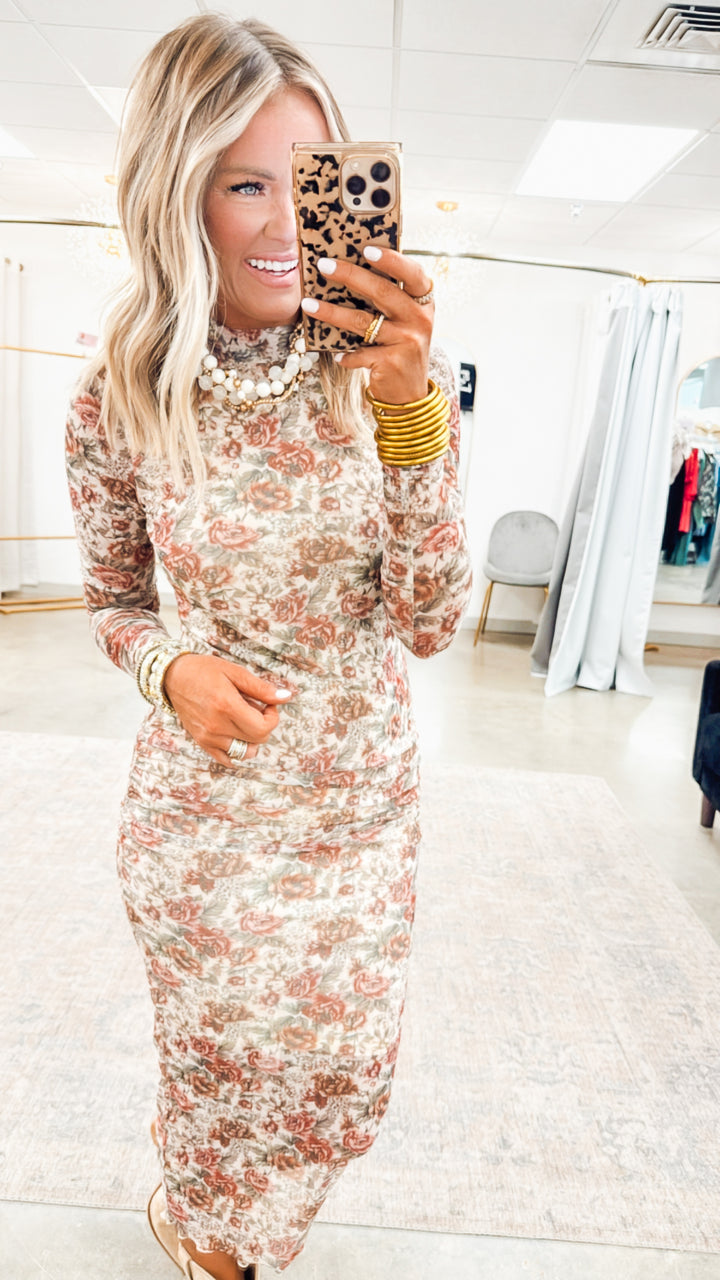 Autumn Floral Mesh Midi Dress
