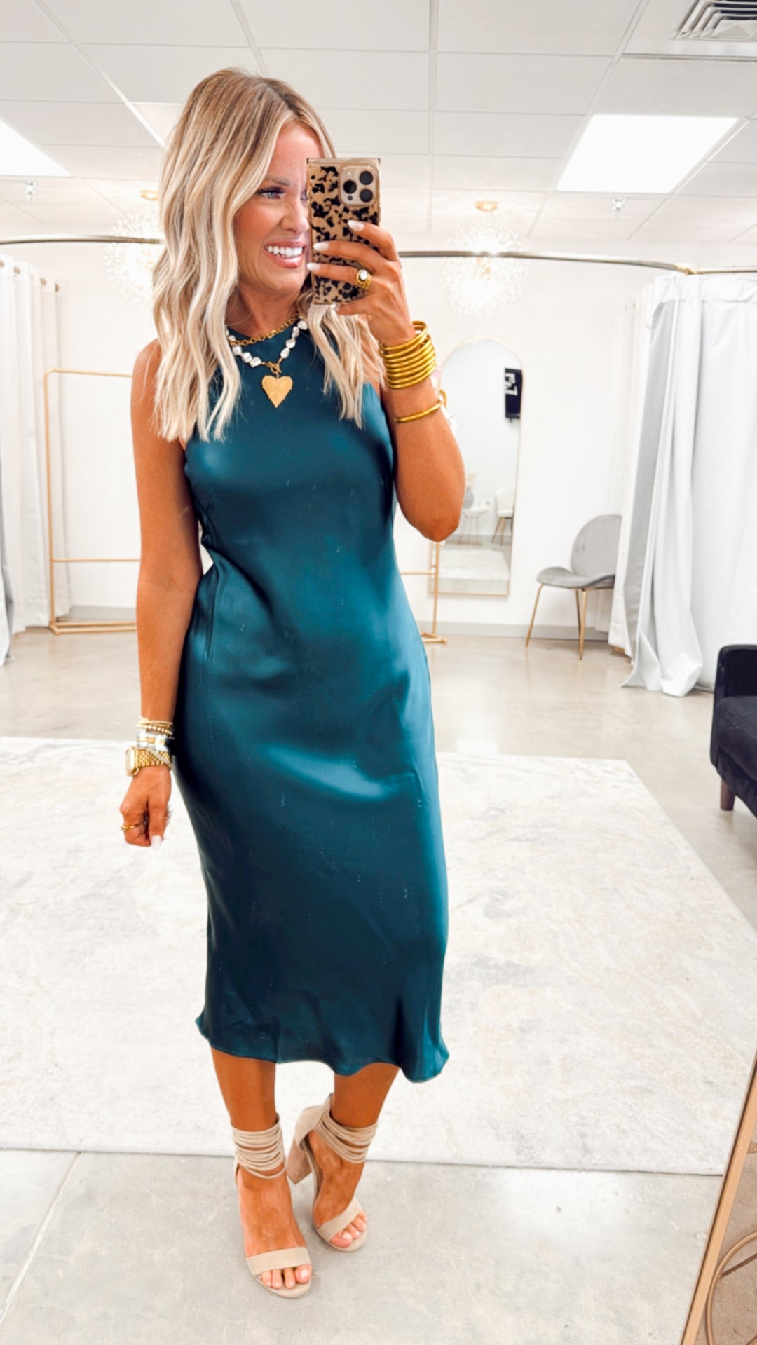 Satin Charm Midi Dress-Dark Green