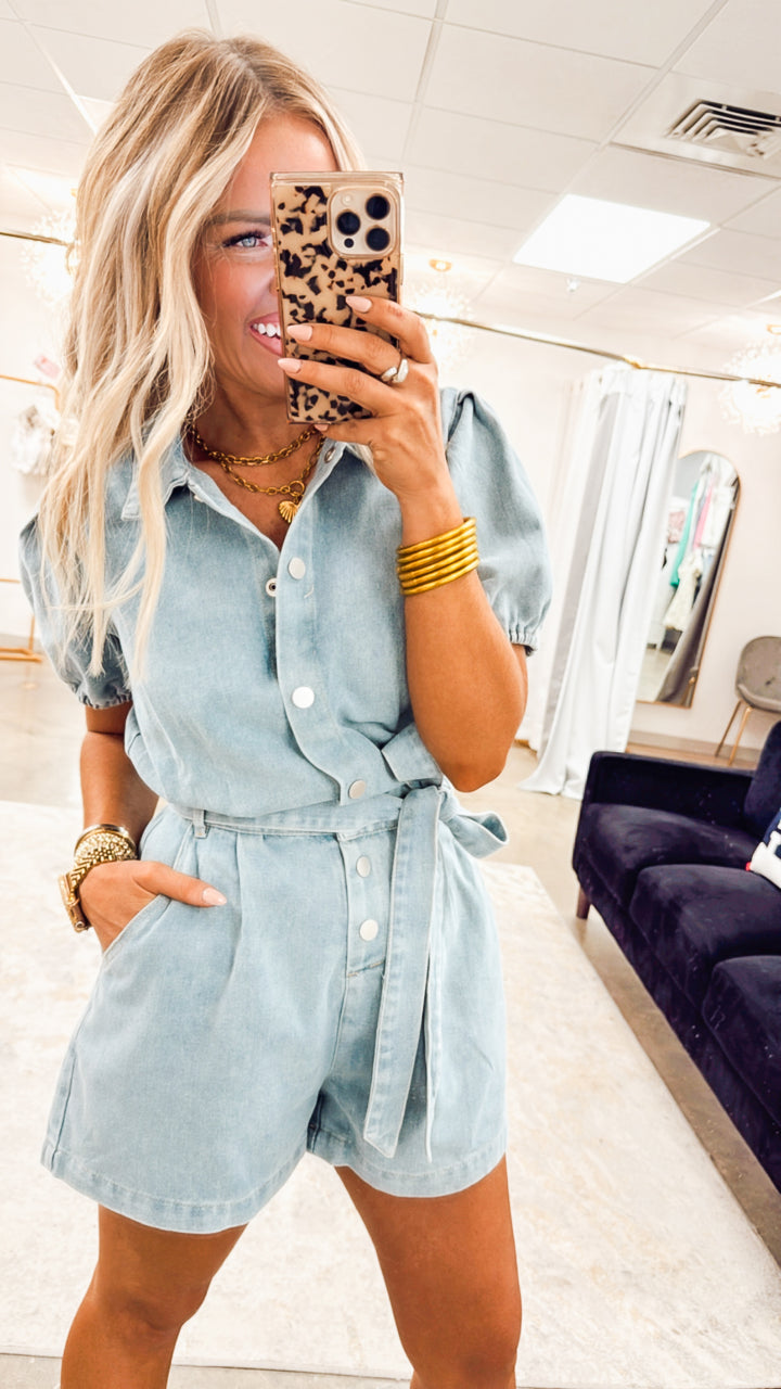 Dylan Puff Sleeve Denim Romper