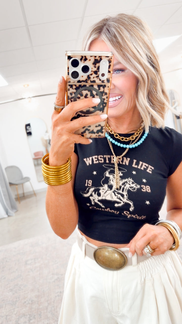 Western Life Graphic Crop Tee-Black